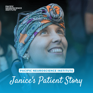 Woman with a headscarf smiling happily while looking upward, with the text "Pacific Neuroscience Institute: Janice’s Story" on the image.